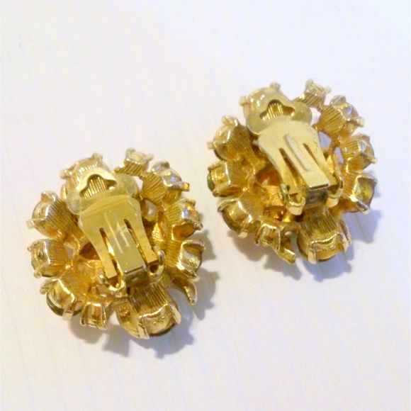 Gold Tone Orange Green Rhinestone and Faux Pearl Cluster Clip Earrings - Picture 4 of 4